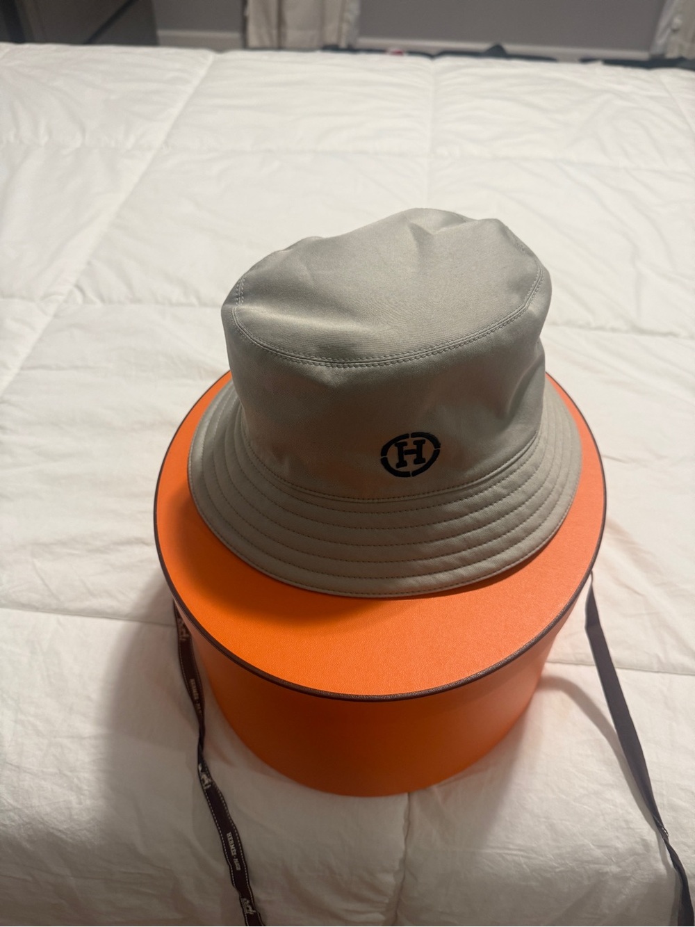 Hermes Light Gray Bucket Hat with Black Logo